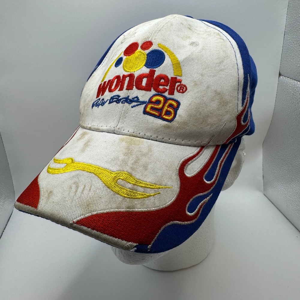 Wonder Bread OSFM Racing Hat Unisex White Blue Ricky Bobby 26 Flame Graphics